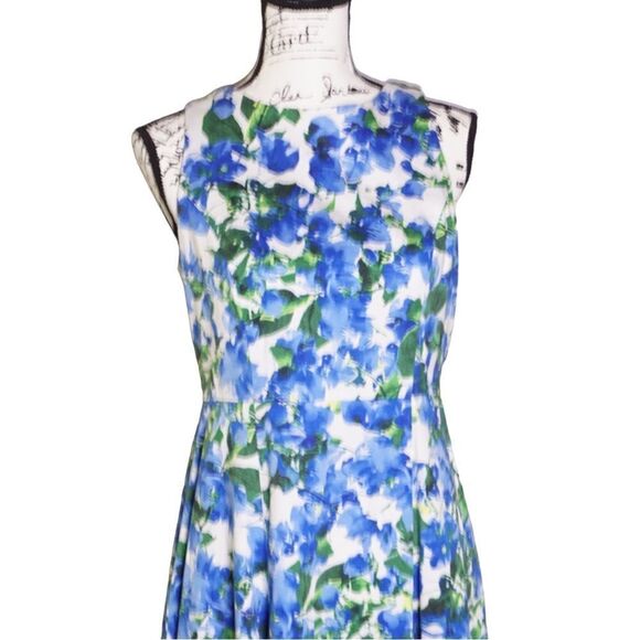 Milly Design Nation Blue and White Floral Sleeveless Fit & Flare Dress, Size 8 - Picture 3 of 10